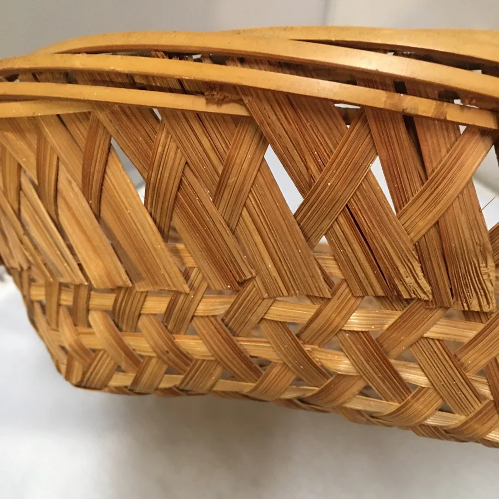 Woven Bamboo Basket Home Decor Medium Brown Round Lattice Design Cottagecore